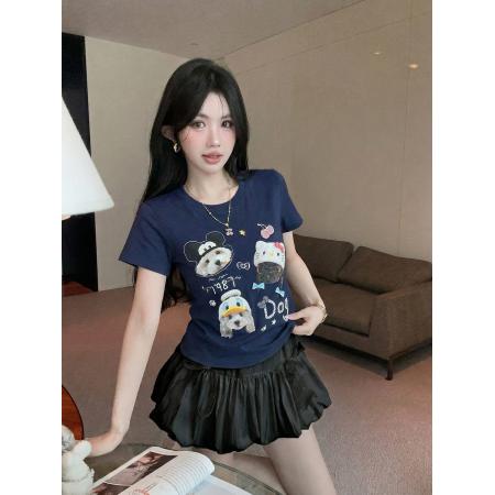 BY18004# 卡通小狗印花喷画短袖T恤女修身显瘦上衣短裙子两件套装 服裝批發女裝批發服飾貨源