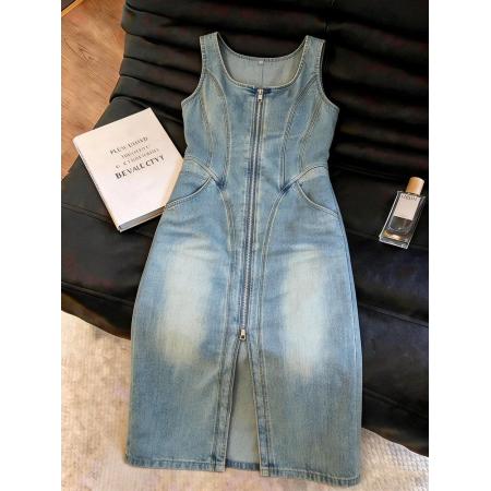 BY18006# 复古时髦牛仔连衣裙女蓝色显瘦无袖拉链开叉U领背心裙夏季 服裝批發女裝批發服飾貨源