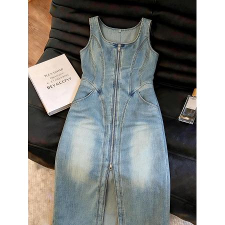 BY18006# 复古时髦牛仔连衣裙女蓝色显瘦无袖拉链开叉U领背心裙夏季 服裝批發女裝批發服飾貨源