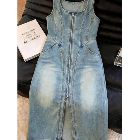 BY18006# 复古时髦牛仔连衣裙女蓝色显瘦无袖拉链开叉U领背心裙夏季 服裝批發女裝批發服飾貨源