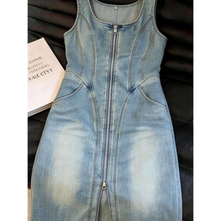 BY18006# 复古时髦牛仔连衣裙女蓝色显瘦无袖拉链开叉U领背心裙夏季 服裝批發女裝批發服飾貨源