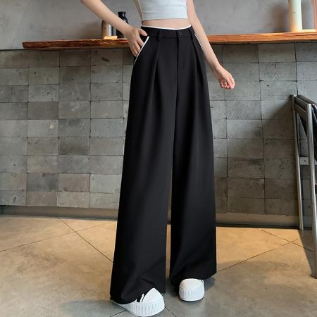 BY18008# 夏季新款冰丝西装裤高腰直筒裤阔腿宽松薄款休闲拖地裤女 服裝批發女裝批發服飾貨源