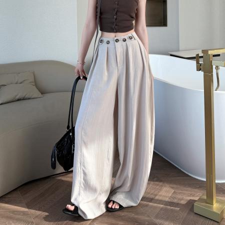 BY18009# 夏季新款天丝亚麻弯刀裤高腰纽扣休闲冰丝阔腿拖地裤女 服裝批發女裝批發服飾貨源