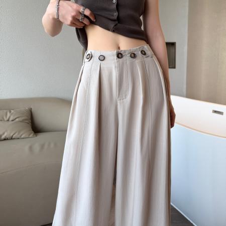 BY18009# 夏季新款天丝亚麻弯刀裤高腰纽扣休闲冰丝阔腿拖地裤女 服裝批發女裝批發服飾貨源