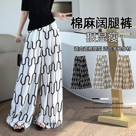 BY18010# 夏季新款天丝亚麻印花阔腿裤高腰休闲裤冰丝直筒拖地裤女 服裝批發女裝批發服飾貨源