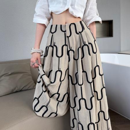 BY18010# 夏季新款天丝亚麻印花阔腿裤高腰休闲裤冰丝直筒拖地裤女 服裝批發女裝批發服飾貨源