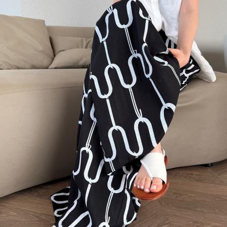 BY18010# 夏季新款天丝亚麻印花阔腿裤高腰休闲裤冰丝直筒拖地裤女 服裝批發女裝批發服飾貨源