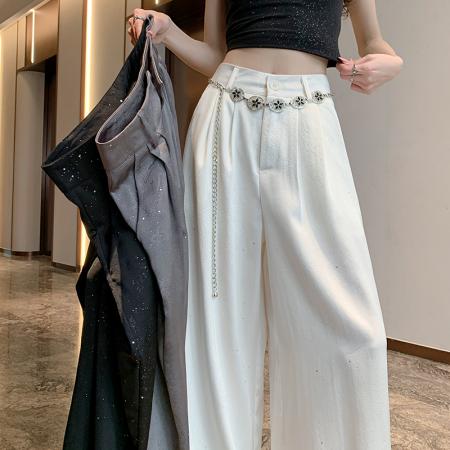 BY18011# 醋酸缎面阔腿裤夏季薄款高腰亮片显瘦休闲拖地长裤子女 服裝批發女裝批發服飾貨源