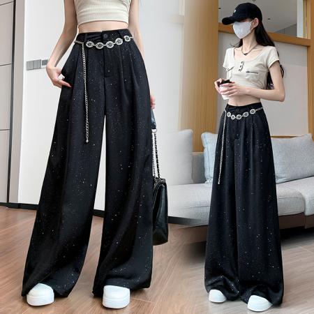 BY18011# 醋酸缎面阔腿裤夏季薄款高腰亮片显瘦休闲拖地长裤子女 服裝批發女裝批發服飾貨源