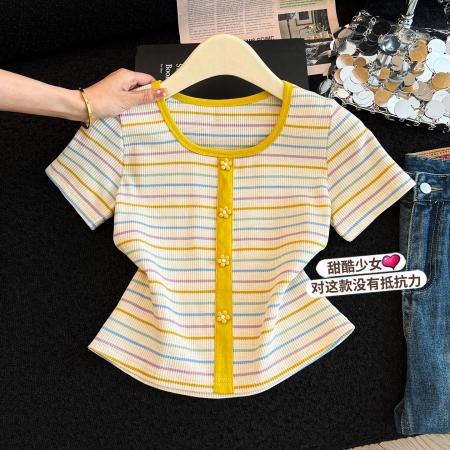BY18013# 正肩方领条纹短袖t恤女夏季新款修身显瘦小个子短款锁骨上衣 服裝批發女裝批發服飾貨源