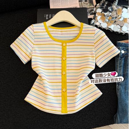 BY18013# 正肩方领条纹短袖t恤女夏季新款修身显瘦小个子短款锁骨上衣 服裝批發女裝批發服飾貨源