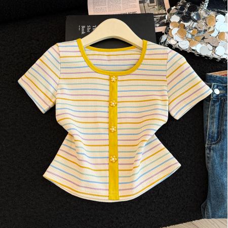 BY18013# 正肩方领条纹短袖t恤女夏季新款修身显瘦小个子短款锁骨上衣 服裝批發女裝批發服飾貨源