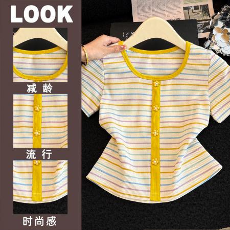 BY18013# 正肩方领条纹短袖t恤女夏季新款修身显瘦小个子短款锁骨上衣 服裝批發女裝批發服飾貨源
