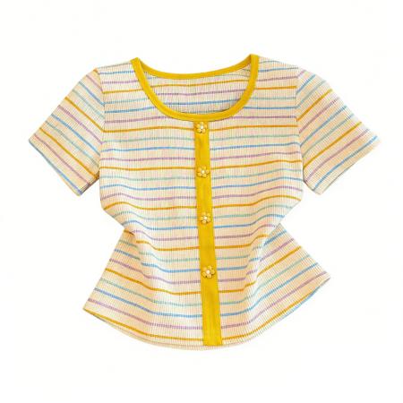 BY18013# 正肩方领条纹短袖t恤女夏季新款修身显瘦小个子短款锁骨上衣 服裝批發女裝批發服飾貨源