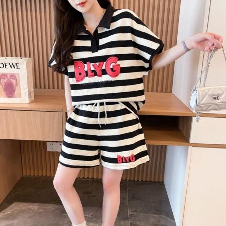 BY18014# 原版面料棉质条纹刺绣V领短袖短裤运动套装女夏两件套跑步服 服裝批發女裝批發服飾貨源
