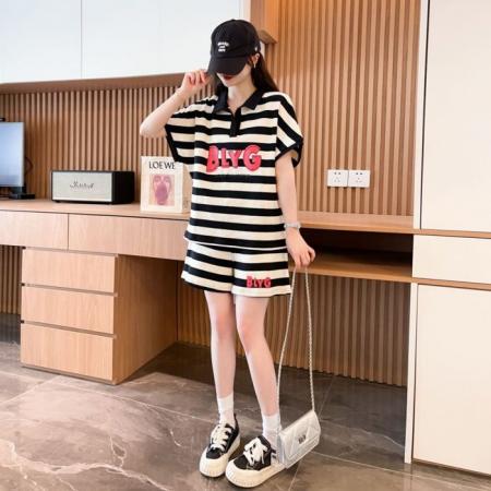 BY18014# 原版面料棉质条纹刺绣V领短袖短裤运动套装女夏两件套跑步服 服裝批發女裝批發服飾貨源