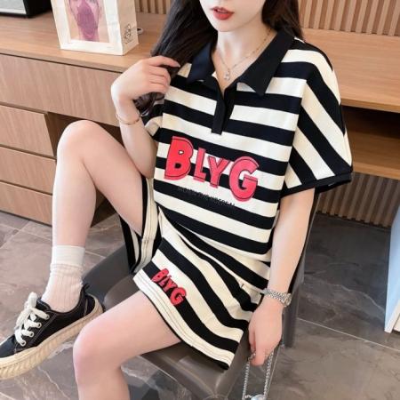 BY18014# 原版面料棉质条纹刺绣V领短袖短裤运动套装女夏两件套跑步服 服裝批發女裝批發服飾貨源
