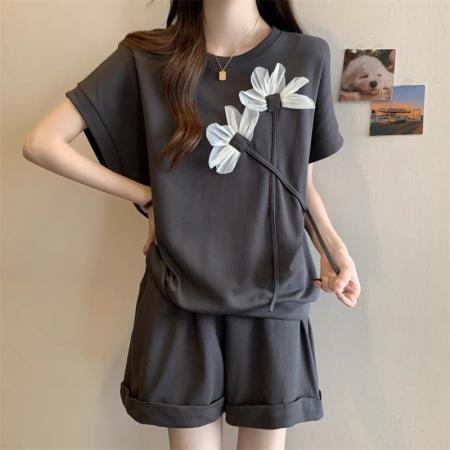 BY18015# 后包领仿棉珠地不起球抖音质量花朵短袖T恤两件套韩版 服裝批發女裝批發服飾貨源
