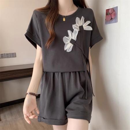 BY18015# 后包领仿棉珠地不起球抖音质量花朵短袖T恤两件套韩版 服裝批發女裝批發服飾貨源