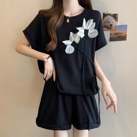 BY18015# 后包领仿棉珠地不起球抖音质量花朵短袖T恤两件套韩版 服裝批發女裝批發服飾貨源