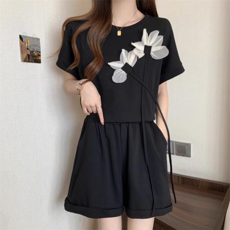 BY18015# 后包领仿棉珠地不起球抖音质量花朵短袖T恤两件套韩版 服裝批發女裝批發服飾貨源