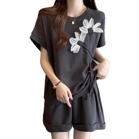 BY18015# 后包领仿棉珠地不起球抖音质量花朵短袖T恤两件套韩版 服裝批發女裝批發服飾貨源