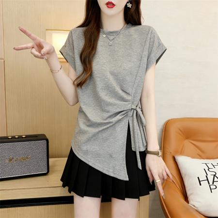 BY18016# 纯棉夏季宽松中长款系带不规则短袖T恤 服裝批發女裝批發服飾貨源