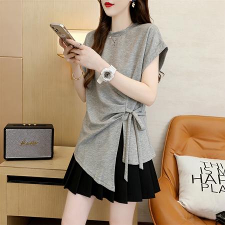 BY18016# 纯棉夏季宽松中长款系带不规则短袖T恤 服裝批發女裝批發服飾貨源