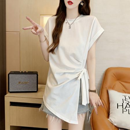 BY18016# 纯棉夏季宽松中长款系带不规则短袖T恤 服裝批發女裝批發服飾貨源