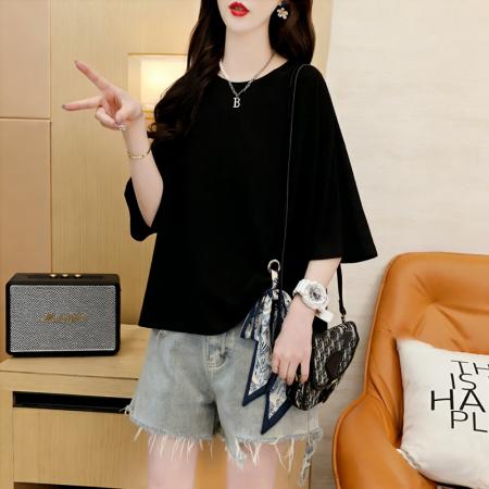 BY18017# 纯棉夏季丝巾系带宽松中长款短袖T恤女韩版外贸 服裝批發女裝批發服飾貨源