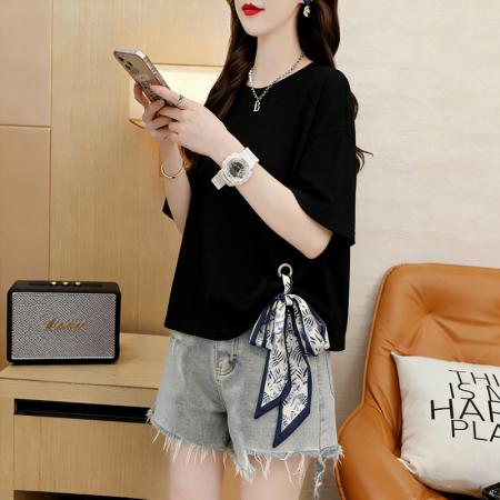 BY18017# 纯棉夏季丝巾系带宽松中长款短袖T恤女韩版外贸 服裝批發女裝批發服飾貨源