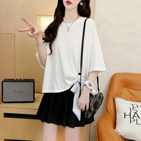 BY18017# 纯棉夏季丝巾系带宽松中长款短袖T恤女韩版外贸 服裝批發女裝批發服飾貨源