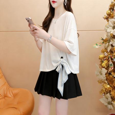 BY18017# 纯棉夏季丝巾系带宽松中长款短袖T恤女韩版外贸 服裝批發女裝批發服飾貨源