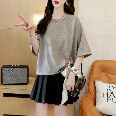 BY18017# 纯棉夏季丝巾系带宽松中长款短袖T恤女韩版外贸 服裝批發女裝批發服飾貨源
