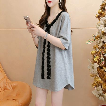 BY18018# 纯棉夏季宽松中长款蕾丝花边V领短袖T恤女 服裝批發女裝批發服飾貨源