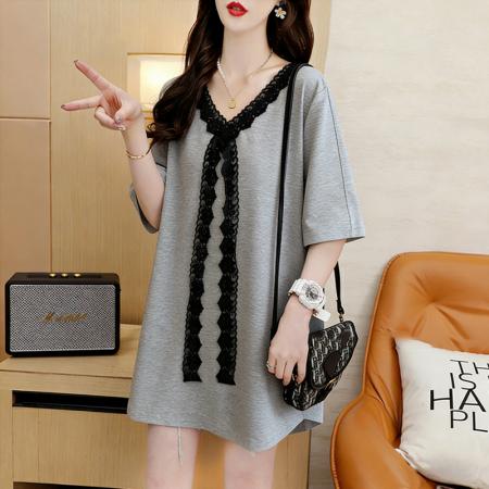 BY18018# 纯棉夏季宽松中长款蕾丝花边V领短袖T恤女 服裝批發女裝批發服飾貨源