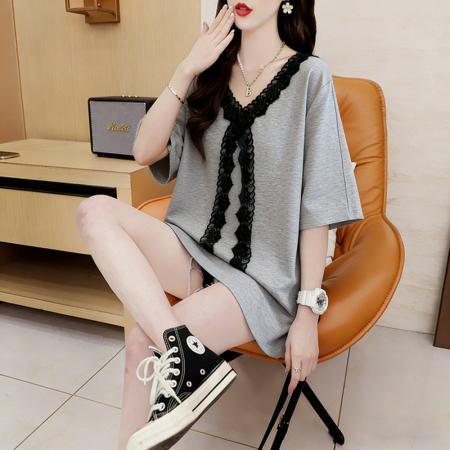 BY18018# 纯棉夏季宽松中长款蕾丝花边V领短袖T恤女 服裝批發女裝批發服飾貨源