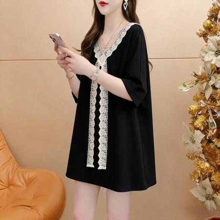 BY18018# 纯棉夏季宽松中长款蕾丝花边V领短袖T恤女 服裝批發女裝批發服飾貨源