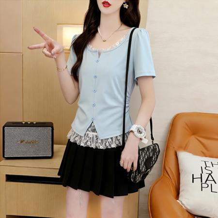 BY18019# 棉夏季宽松纱网拼接假两件T恤女显瘦体恤上衣 服裝批發女裝批發服飾貨源