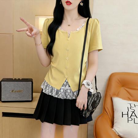 BY18019# 棉夏季宽松纱网拼接假两件T恤女显瘦体恤上衣 服裝批發女裝批發服飾貨源