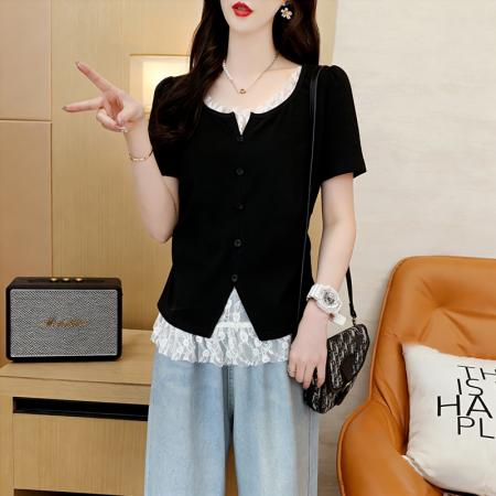 BY18019# 棉夏季宽松纱网拼接假两件T恤女显瘦体恤上衣 服裝批發女裝批發服飾貨源