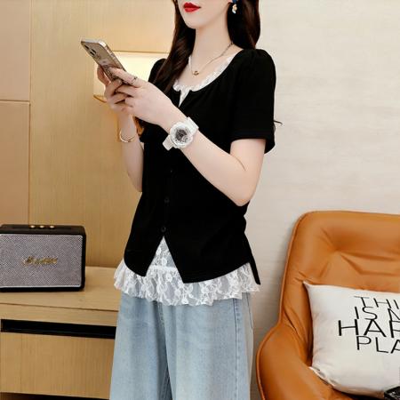 BY18019# 棉夏季宽松纱网拼接假两件T恤女显瘦体恤上衣 服裝批發女裝批發服飾貨源