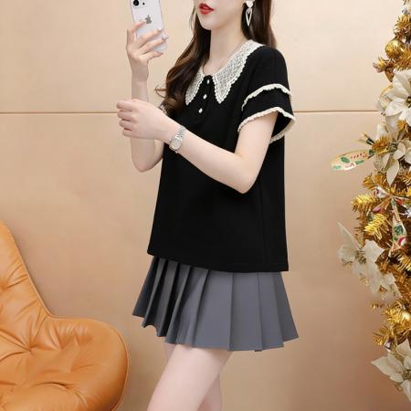 BY18020# 夏季宽松大码蕾丝娃娃领短袖T恤女 服裝批發女裝批發服飾貨源