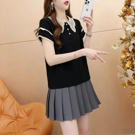 BY18020# 夏季宽松大码蕾丝娃娃领短袖T恤女 服裝批發女裝批發服飾貨源