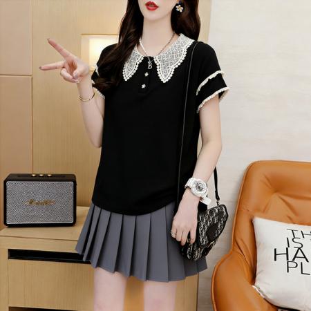 BY18020# 夏季宽松大码蕾丝娃娃领短袖T恤女 服裝批發女裝批發服飾貨源