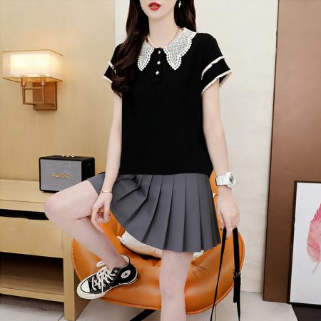 BY18020# 夏季宽松大码蕾丝娃娃领短袖T恤女 服裝批發女裝批發服飾貨源