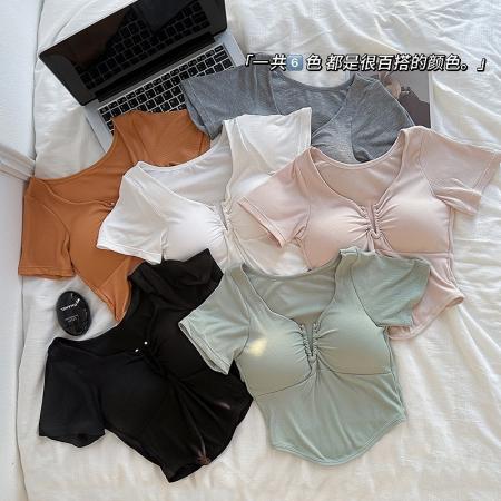 BY18021# 夏季新款纯欲辣妹深V领性感T恤短袖带胸垫外穿正肩上衣 服裝批發女裝批發服飾貨源