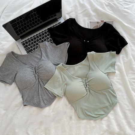 BY18021# 夏季新款纯欲辣妹深V领性感T恤短袖带胸垫外穿正肩上衣 服裝批發女裝批發服飾貨源