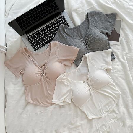 BY18021# 夏季新款纯欲辣妹深V领性感T恤短袖带胸垫外穿正肩上衣 服裝批發女裝批發服飾貨源