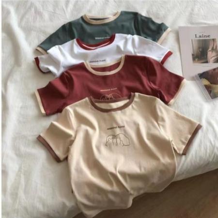 BY18024# 跨境外贸复古短袖t恤女夏天修身韩版百搭半截袖日系韩风chic上衣 服裝批發女裝批發服飾貨源